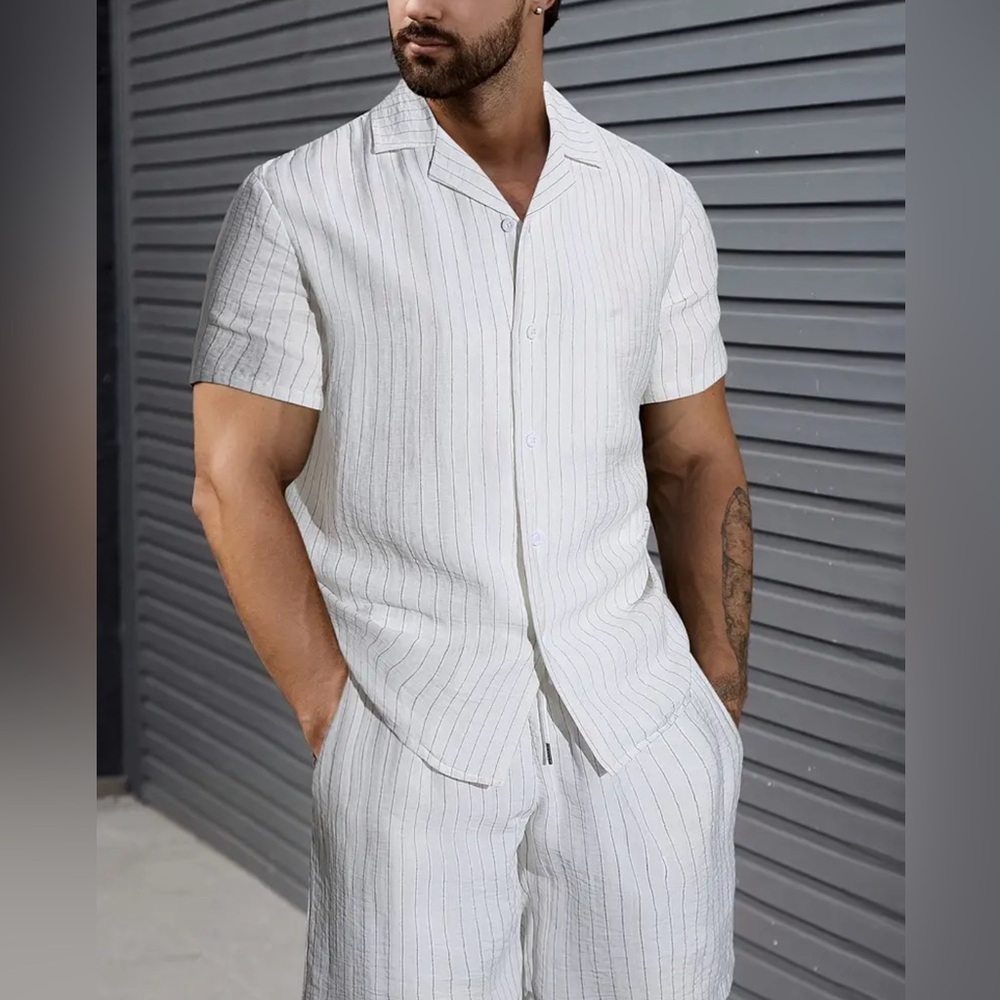 Men's Summer 2pcs Set, Casual Suit Collar Short Sleeve Shirt And Drawstring